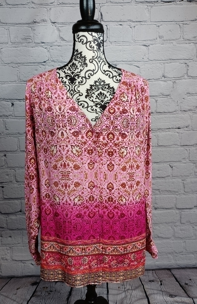 Simply Emma women's long sleeve geometric print button front top plus sz 1x b26